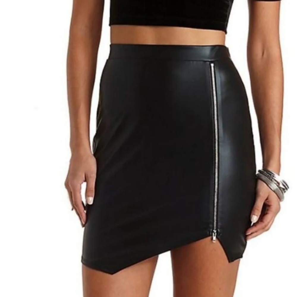 💕Asymmetrical black faux leather zipper skirt womens xs